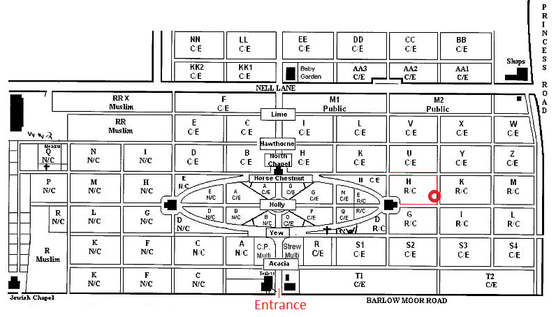 A map of the location of the grave site at Southern Cemetery. A red circle is on the western edge of the 'H' Roman Catholic plot.